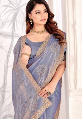 Lavender Sequin Resham Stone Embroidered Two Tone Silk Saree With Blouse 2