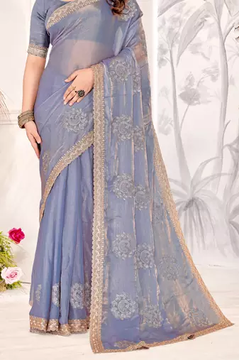 Lavender Sequin Resham Stone Embroidered Two Tone Silk Saree With Blouse