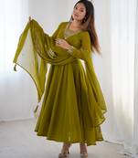 olive green georgette embroidered anarkali gown with dupatta- festive & party wear