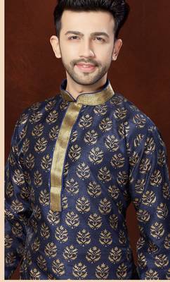 Navy Blue Bangloru Silk Printed Kurta Pajama For Mens 2