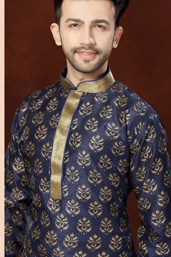 Navy Blue Bangloru Silk Printed Kurta Pajama For Mens