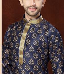 Navy Blue Bangloru Silk Printed Kurta Pajama For Mens