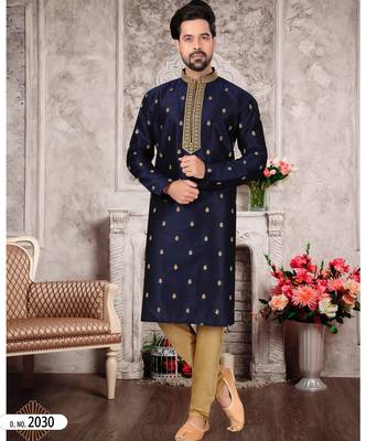 Navy Blue Silk Doupin Printed Kurta Pajama For Mens 1