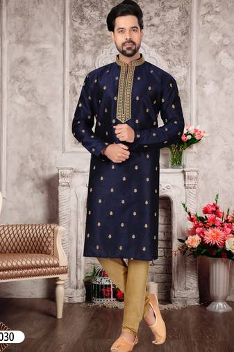 Navy Blue Silk Doupin Printed Kurta Pajama For Mens