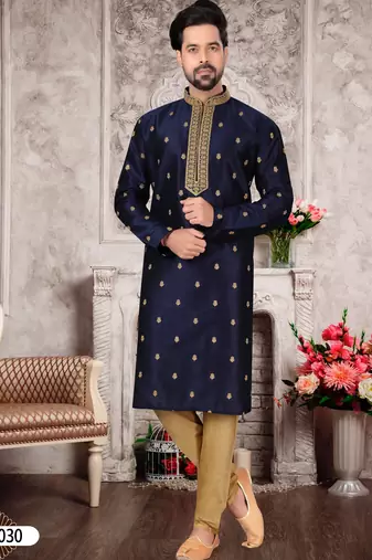 Navy Blue Silk Doupin Printed Kurta Pajama For Mens