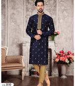 Navy Blue Silk Doupin Printed Kurta Pajama For Mens