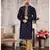 Navy Blue Silk Doupin Printed Kurta Pajama For Mens