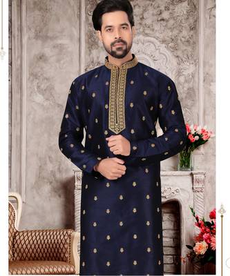 Navy Blue Silk Doupin Printed Kurta Pajama For Mens 2