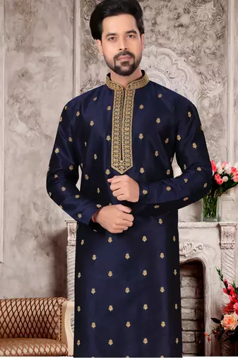 Navy Blue Silk Doupin Printed Kurta Pajama For Mens
