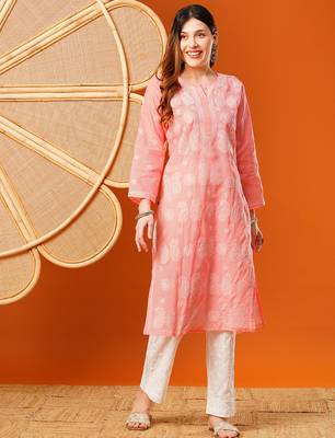 Hand embroidered peach cotton lucknowi chikankari straight kurta 1