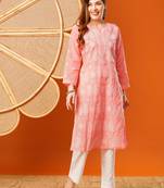 Hand embroidered peach cotton lucknowi chikankari straight kurta