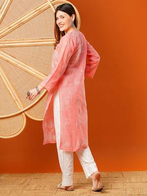 Hand embroidered peach cotton lucknowi chikankari straight kurta 2