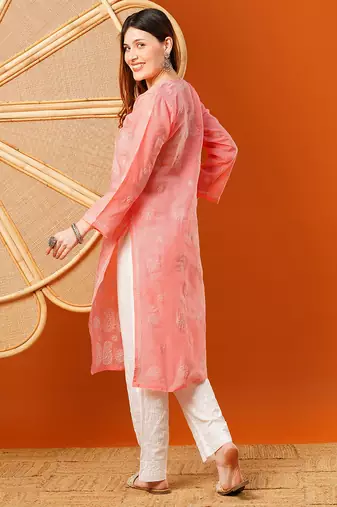 Hand embroidered peach cotton lucknowi chikankari straight kurta