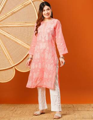 Hand embroidered peach cotton lucknowi chikankari straight kurta 3