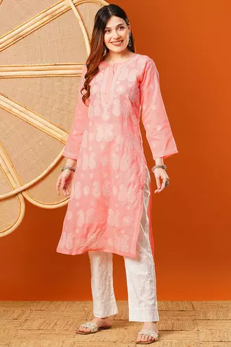 Hand embroidered peach cotton lucknowi chikankari straight kurta