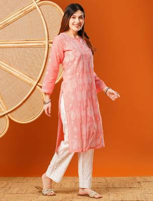 Hand embroidered peach cotton lucknowi chikankari straight kurta 4