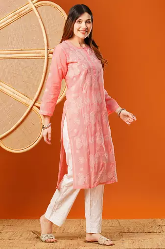 Hand embroidered peach cotton lucknowi chikankari straight kurta