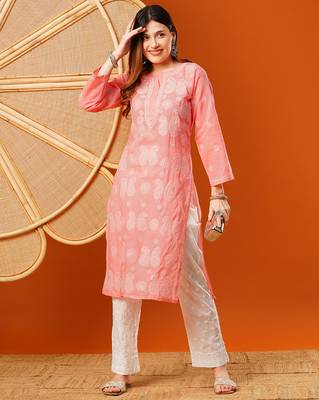 Hand embroidered peach cotton lucknowi chikankari straight kurta 5