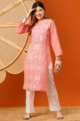 Hand embroidered peach cotton lucknowi chikankari straight kurta