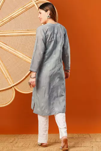 Hand embroidered grey cotton lucknowi chikankari straight kurta