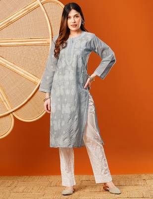 Hand embroidered grey cotton lucknowi chikankari straight kurta 3