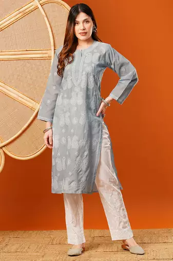 Hand embroidered grey cotton lucknowi chikankari straight kurta