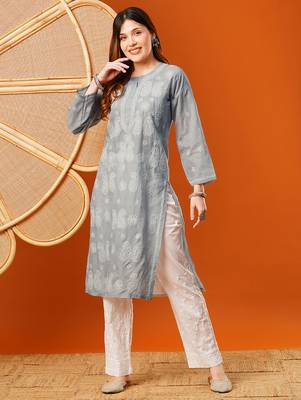 Hand embroidered grey cotton lucknowi chikankari straight kurta 4