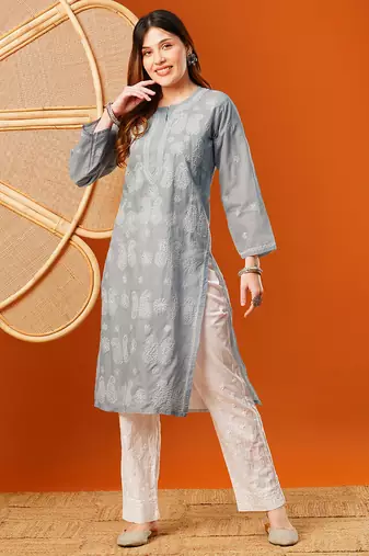 Hand embroidered grey cotton lucknowi chikankari straight kurta