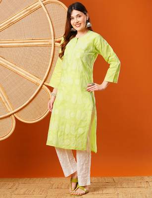 Hand embroidered green cotton lucknowi chikankari straight kurta 1