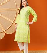 Hand embroidered green cotton lucknowi chikankari straight kurta