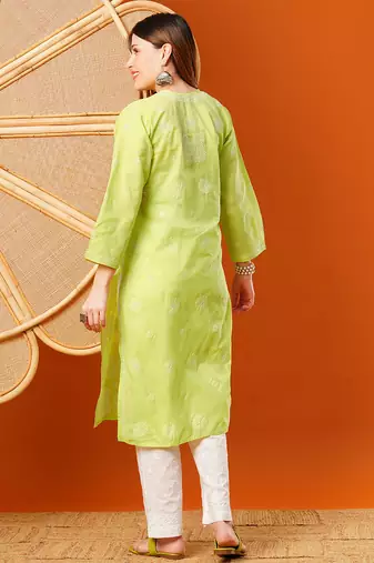 Hand embroidered green cotton lucknowi chikankari straight kurta
