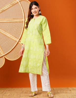 Hand embroidered green cotton lucknowi chikankari straight kurta 3
