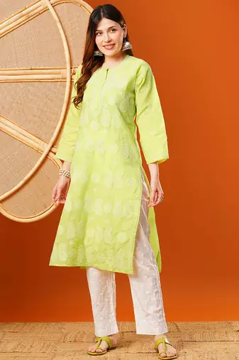 Hand embroidered green cotton lucknowi chikankari straight kurta