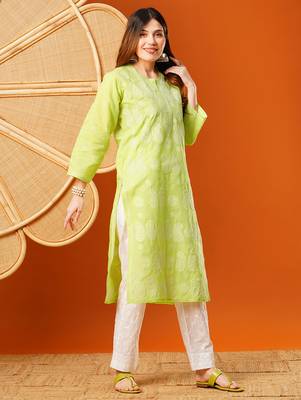Hand embroidered green cotton lucknowi chikankari straight kurta 4