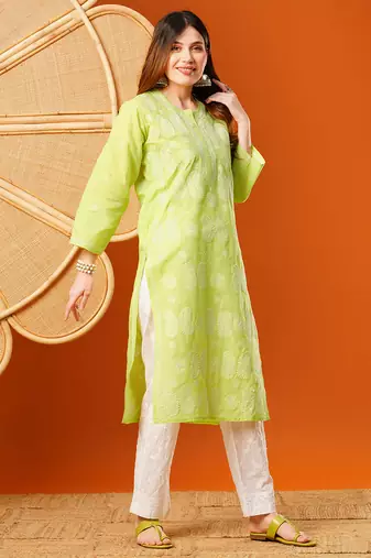 Hand embroidered green cotton lucknowi chikankari straight kurta