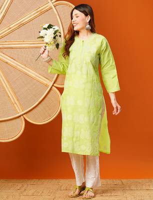Hand embroidered green cotton lucknowi chikankari straight kurta 5