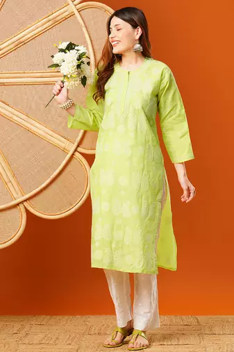 Hand embroidered green cotton lucknowi chikankari straight kurta