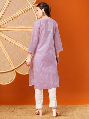 Hand embroidered lavender cotton lucknowi chikankari straight kurta 2