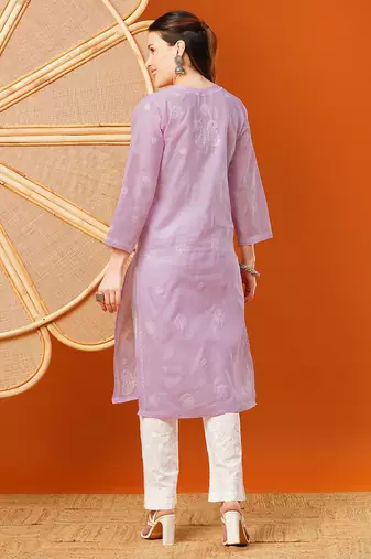Hand embroidered lavender cotton lucknowi chikankari straight kurta