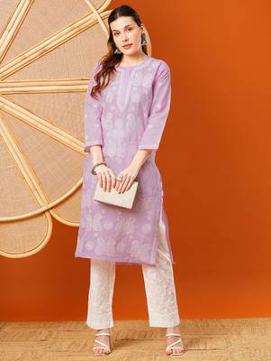 Hand embroidered lavender cotton lucknowi chikankari straight kurta 3