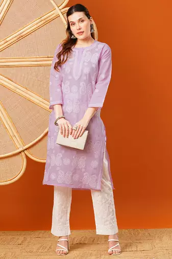 Hand embroidered lavender cotton lucknowi chikankari straight kurta