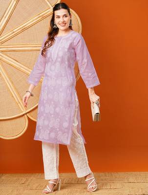 Hand embroidered lavender cotton lucknowi chikankari straight kurta 4