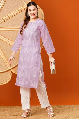 Hand embroidered lavender cotton lucknowi chikankari straight kurta