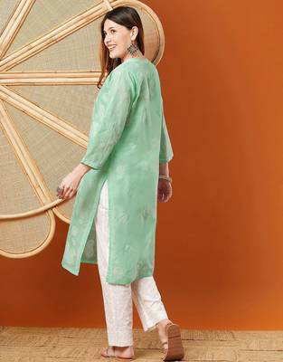 Hand embroidered sea green cotton lucknowi chikankari straight kurta 2