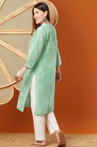 Hand embroidered sea green cotton lucknowi chikankari straight kurta