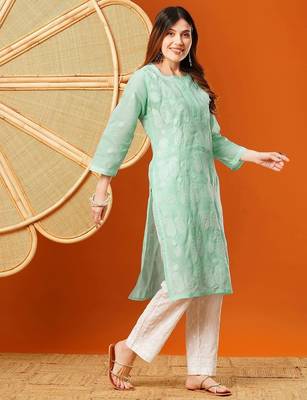 Hand embroidered sea green cotton lucknowi chikankari straight kurta 3