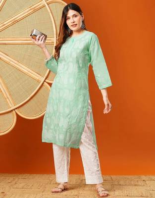 Hand embroidered sea green cotton lucknowi chikankari straight kurta 4