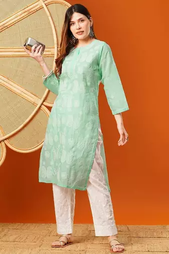 Hand embroidered sea green cotton lucknowi chikankari straight kurta