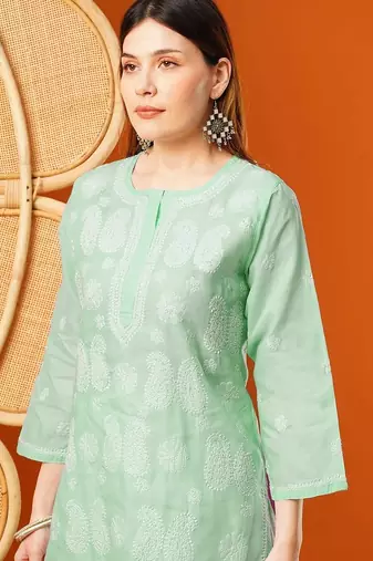 Hand embroidered sea green cotton lucknowi chikankari straight kurta