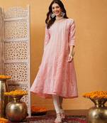 Hand embroidered peach cotton lucknowi chikankari anarkali a-line kurta